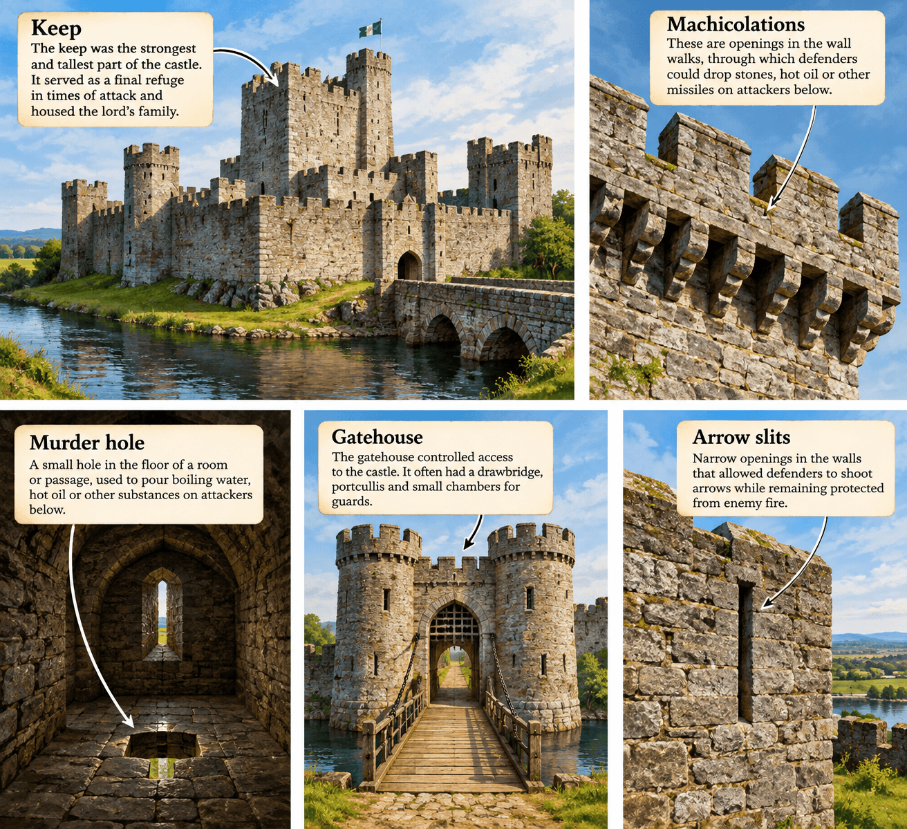 Castle showing architectural features explained in the glossary