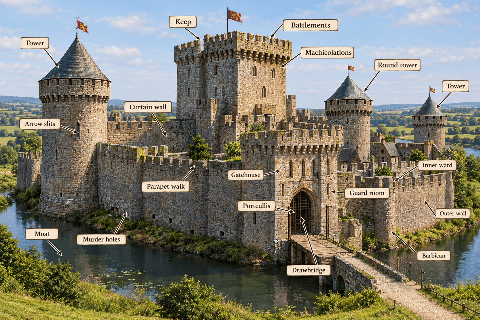 Castle showing architectural features explained in the glossary (1)